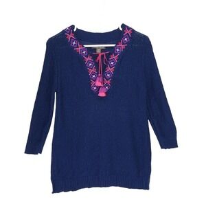 Tommy Bahama Sweater Tunic Womens Size S Blue Embroidered Tassels Boho Beachy